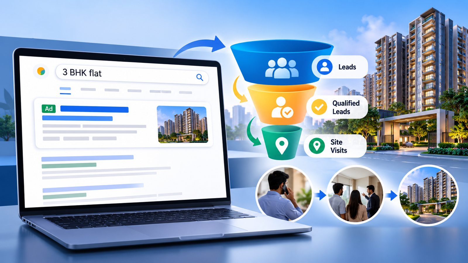 Google Ads for real estate campaign dashboard with lead quality funnel
