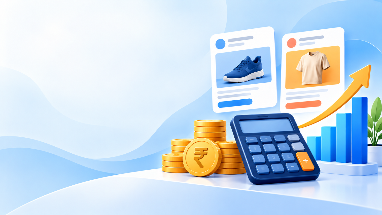 Calculator, rupee coins and social ad cards illustrating Meta Ads budget planning in India