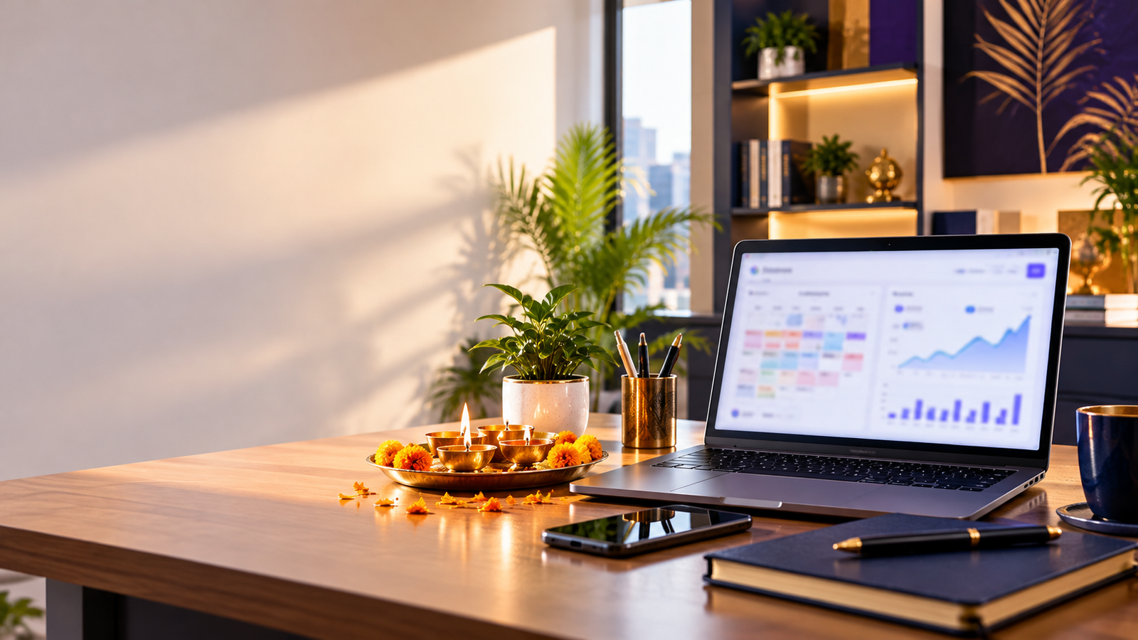 Diwali marketing plan for Delhi businesses: campaign calendar on a laptop beside lit diyas