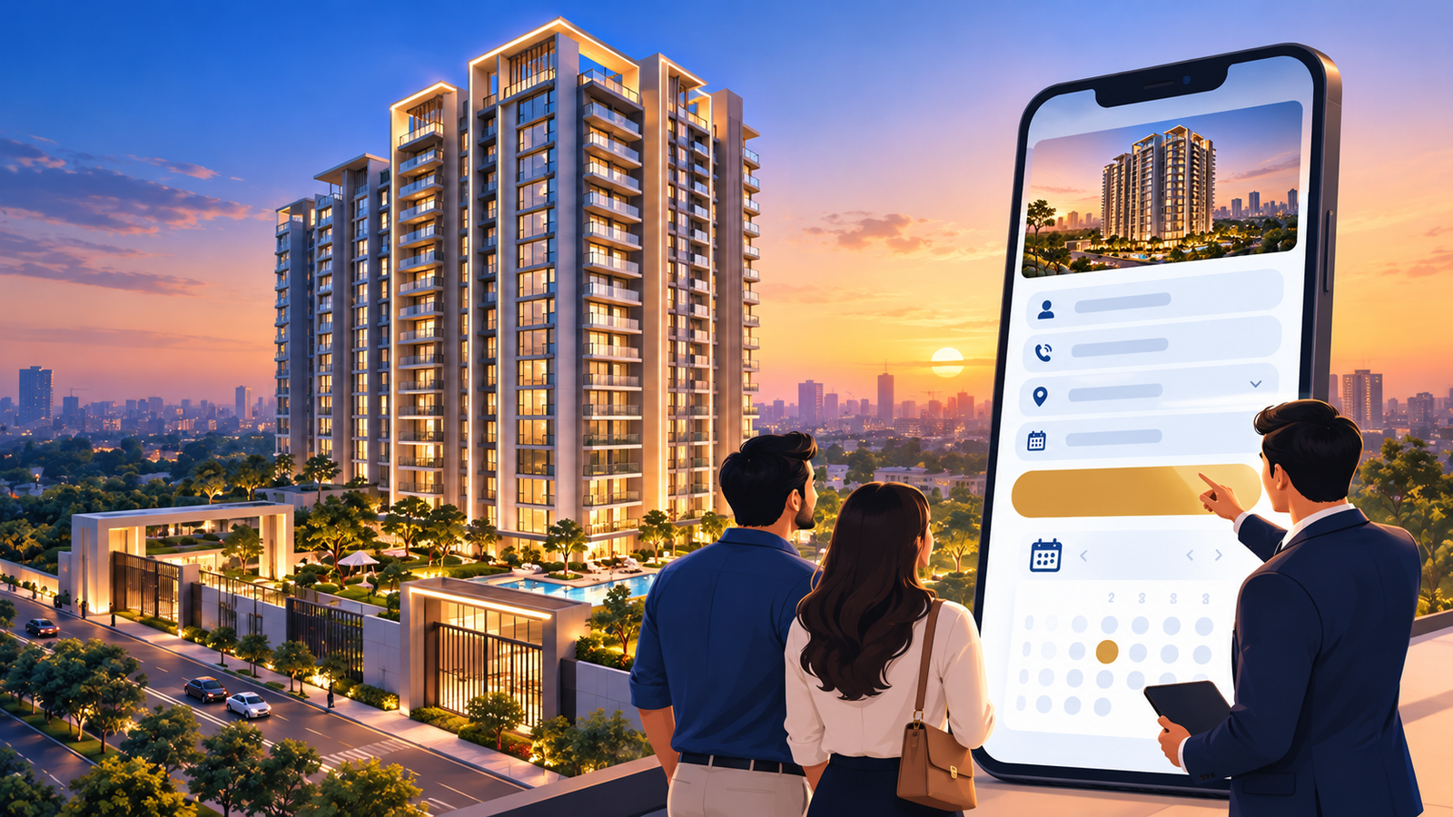 Smartphone showing a real estate lead form beside a residential tower, representing Meta ads for builders