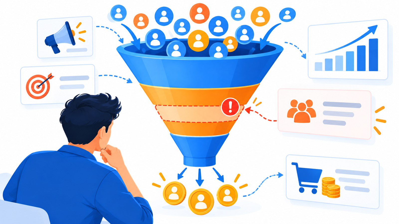 Marketing funnel showing many leads but few sales, highlighting where leads drop off