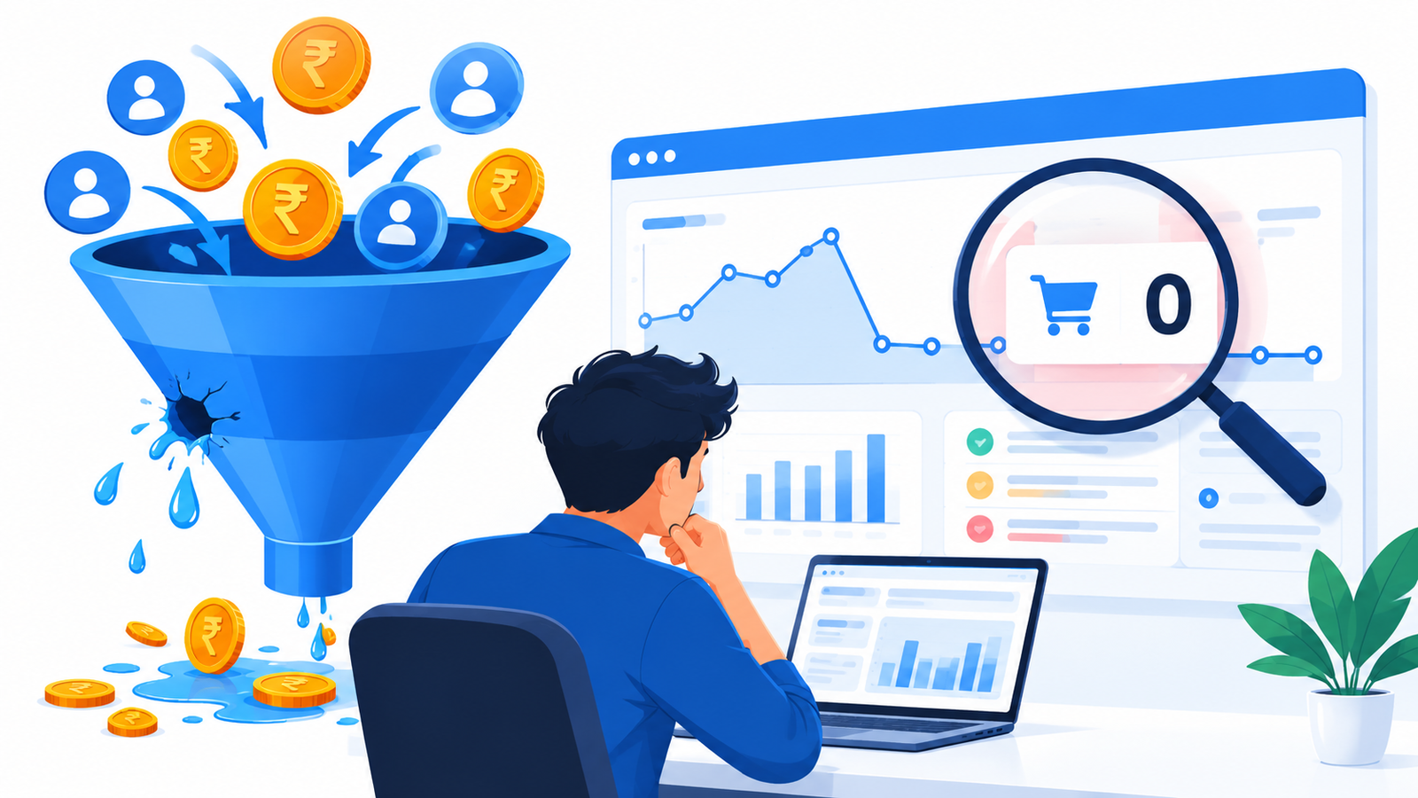 Google Ads dashboard showing rupee ad spend and zero conversions