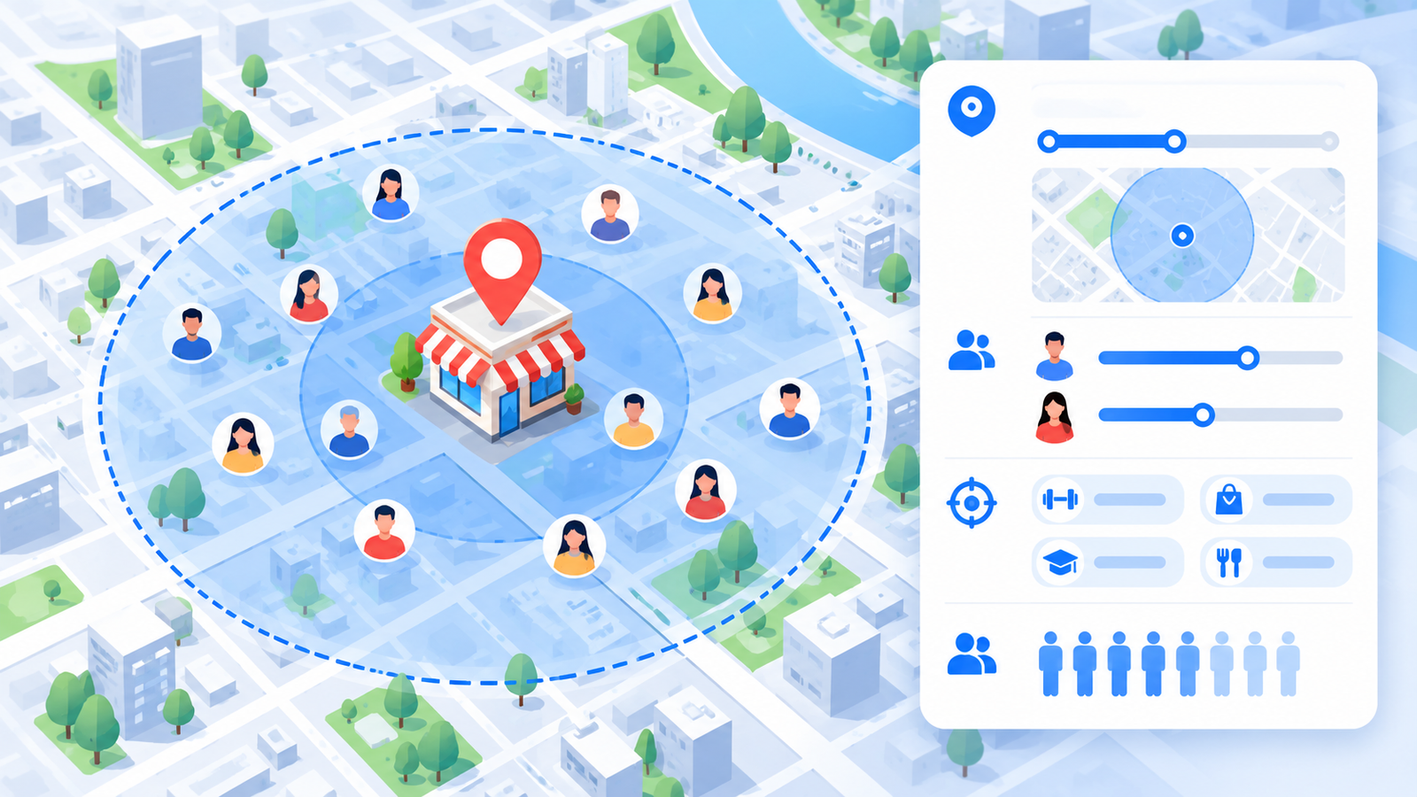 Map radius around a local shop showing Facebook ads targeting for nearby customers