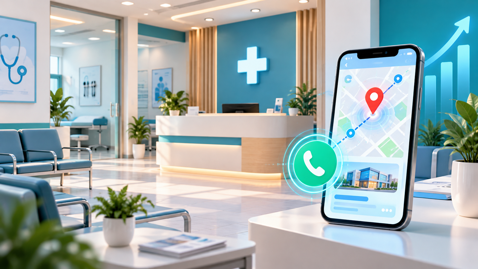 Clinic reception illustration with a phone showing a location pin and call icon