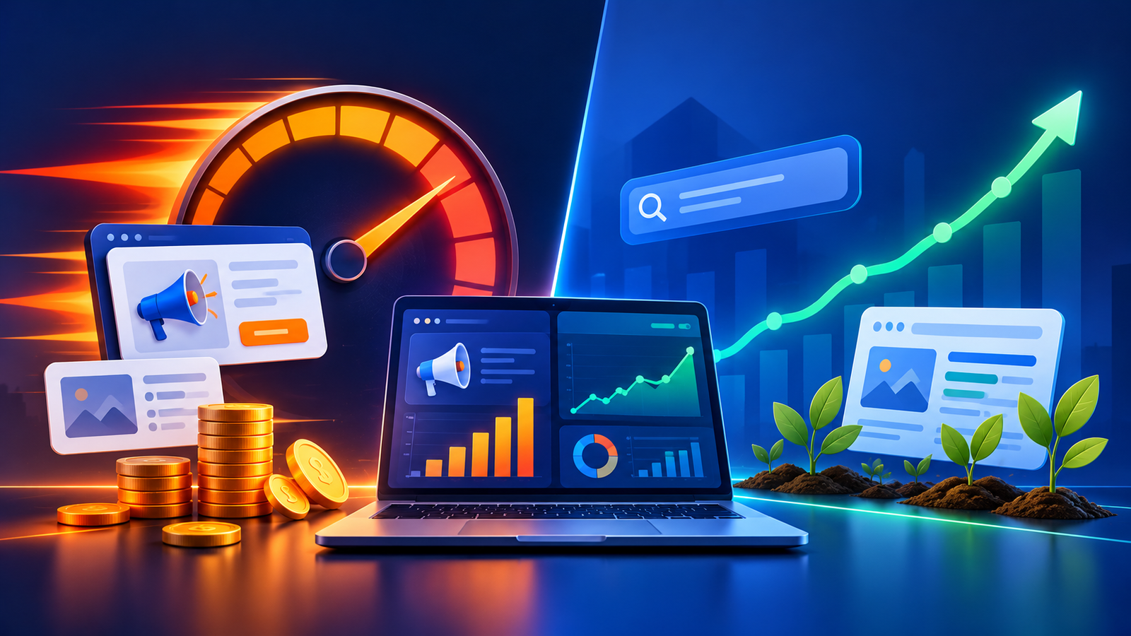 Comparison of Google Ads vs SEO showing fast paid clicks versus long-term organic growth