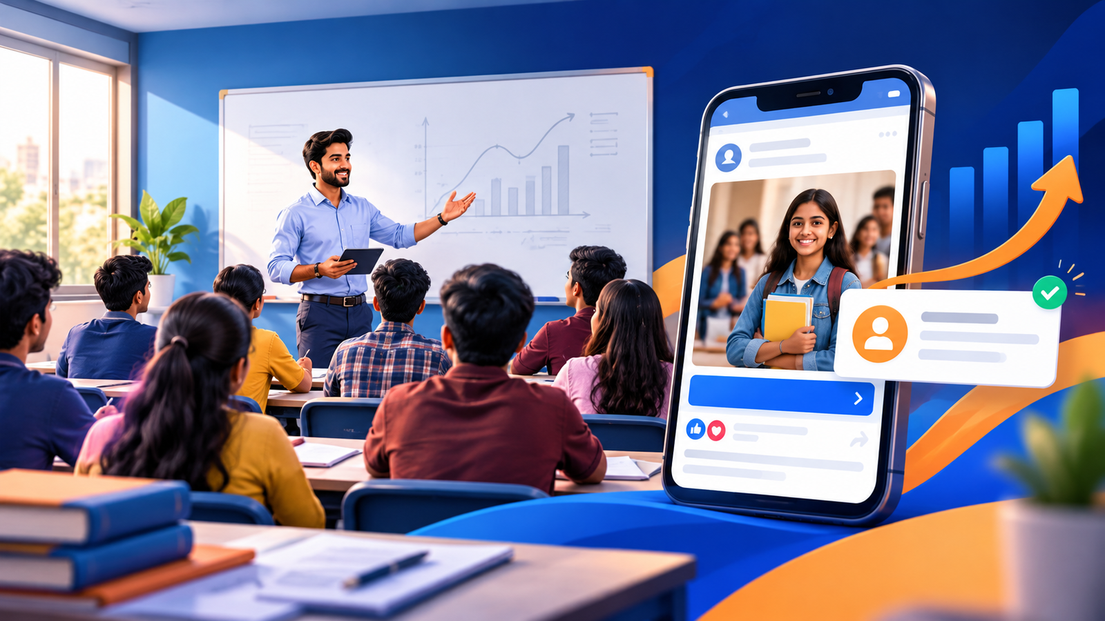 Smartphone showing a Meta ad for a coaching institute beside a classroom illustration