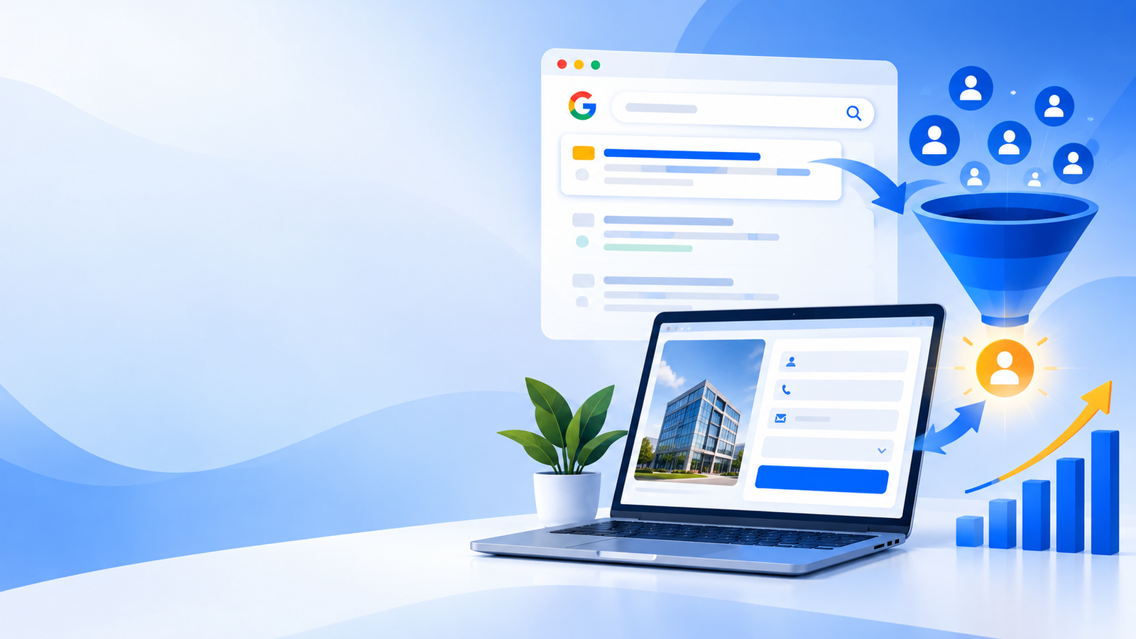 Illustration of a Google Search Ads campaign converting clicks into qualified B2B leads