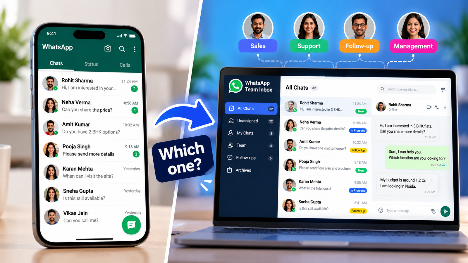 Comparison of the WhatsApp Business app on one phone and the WhatsApp Business API team inbox on a laptop
