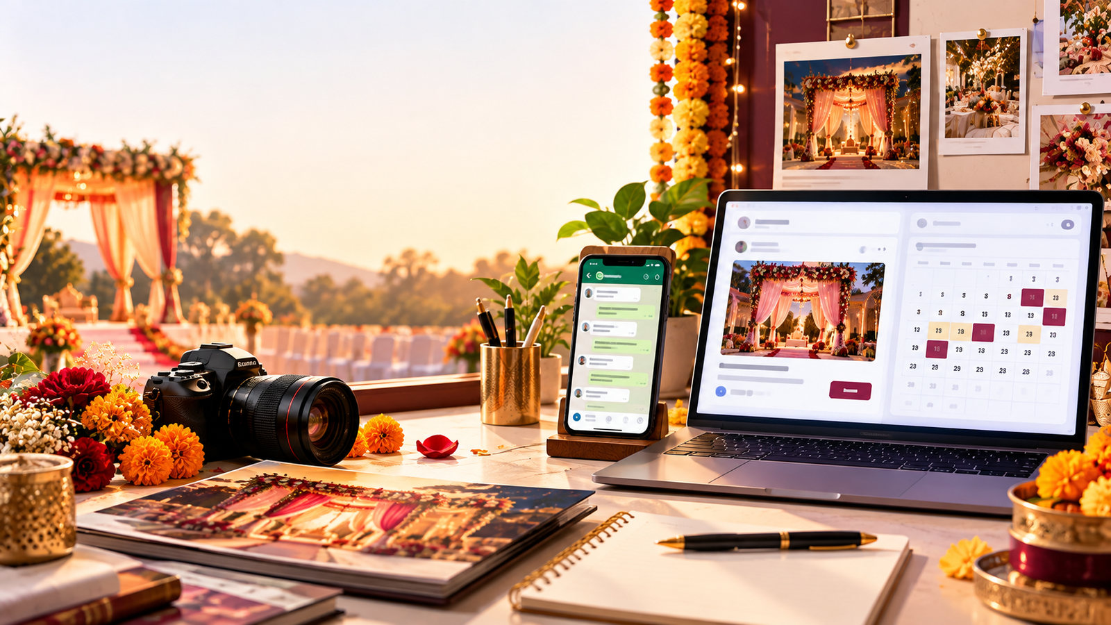 Wedding vendor in Delhi NCR managing WhatsApp enquiries and social ads for wedding season marketing